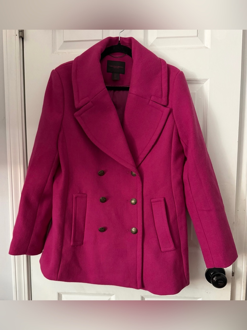 Christian Siriano New York Hot Pink Wool Blend Double Breasted Peacoat L